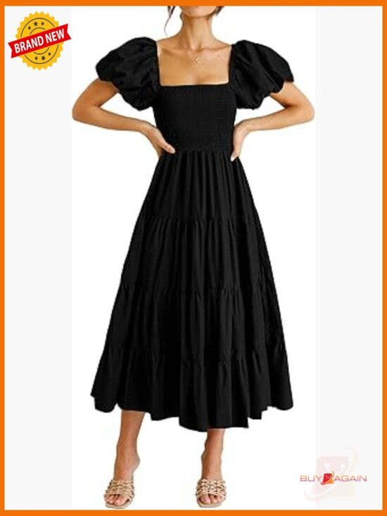Dresses & Skirts - Smocked Midi Dress Puffy Short Sleeve Square Neck Tiered Ruffle A-Line Fit Flare